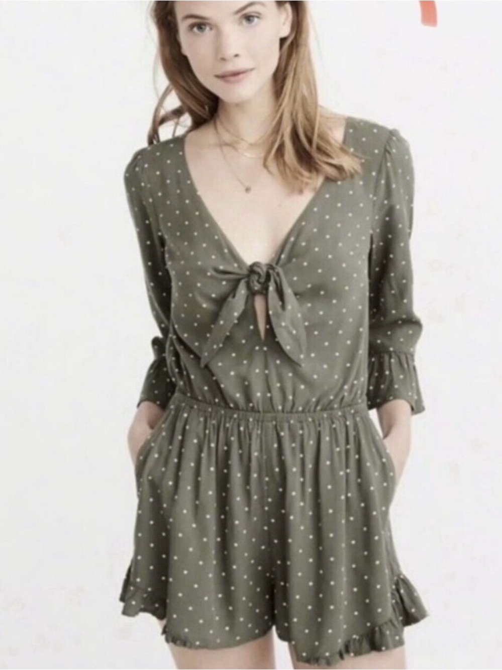 Abercrombie Olive Polka Dot Tie Front Romper M.